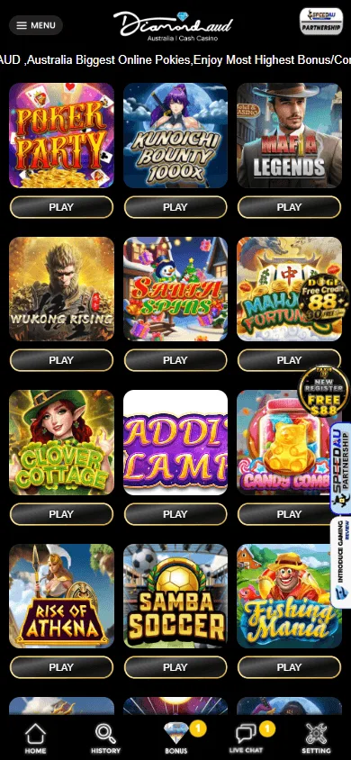 DiamondAUD Casino games screen on a mobile phone