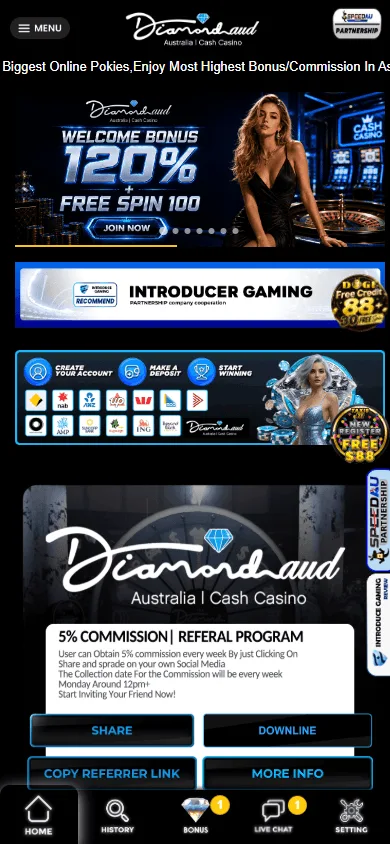 DiamondAUD Casino home screen on a mobile phone