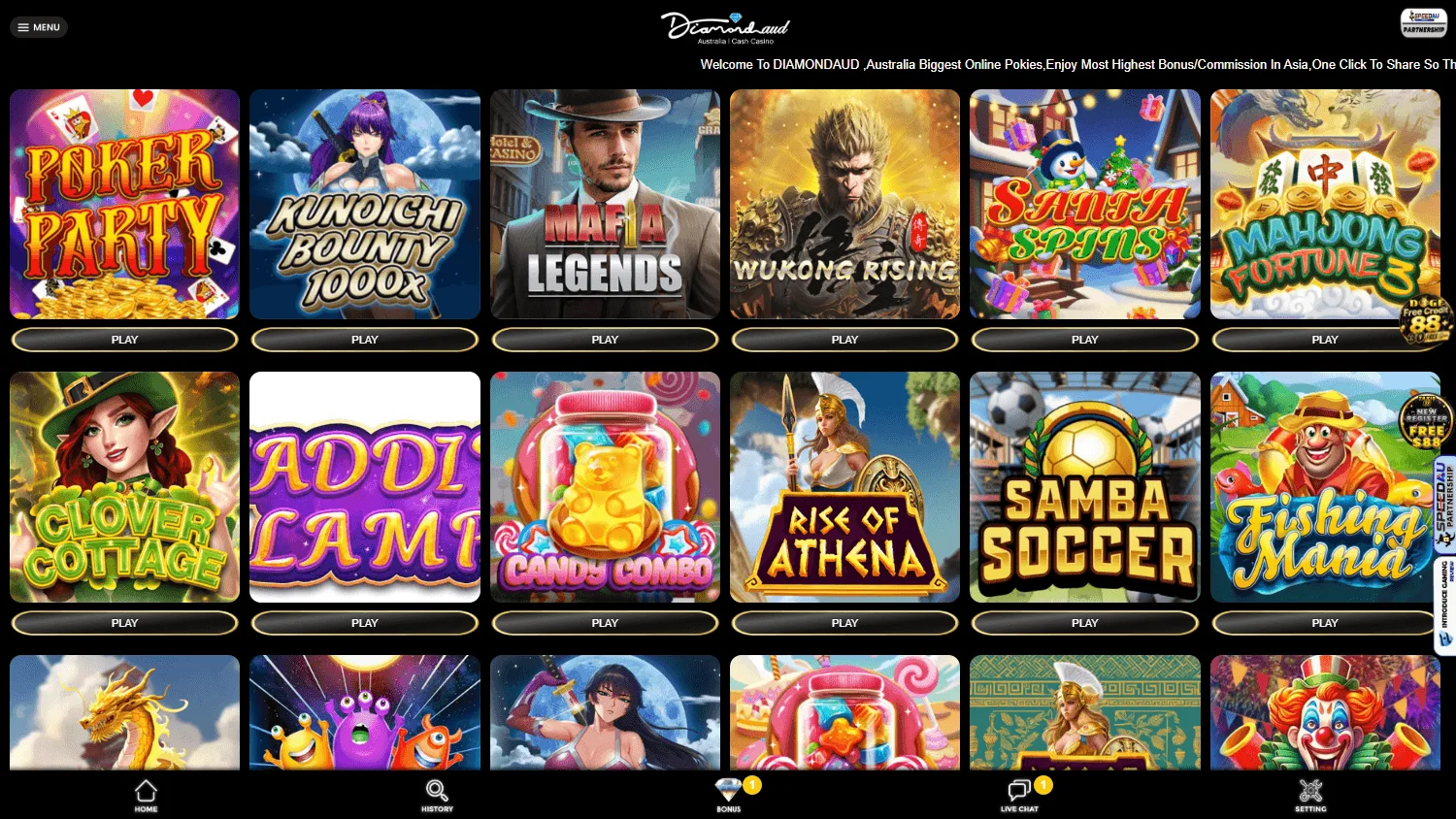 DiamondAUD Casino games screen on desktop