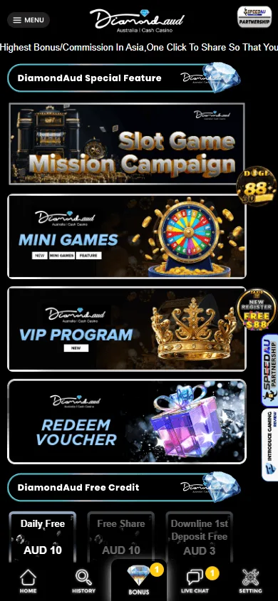 DiamondAUD Casino promotions screen on a mobile phone