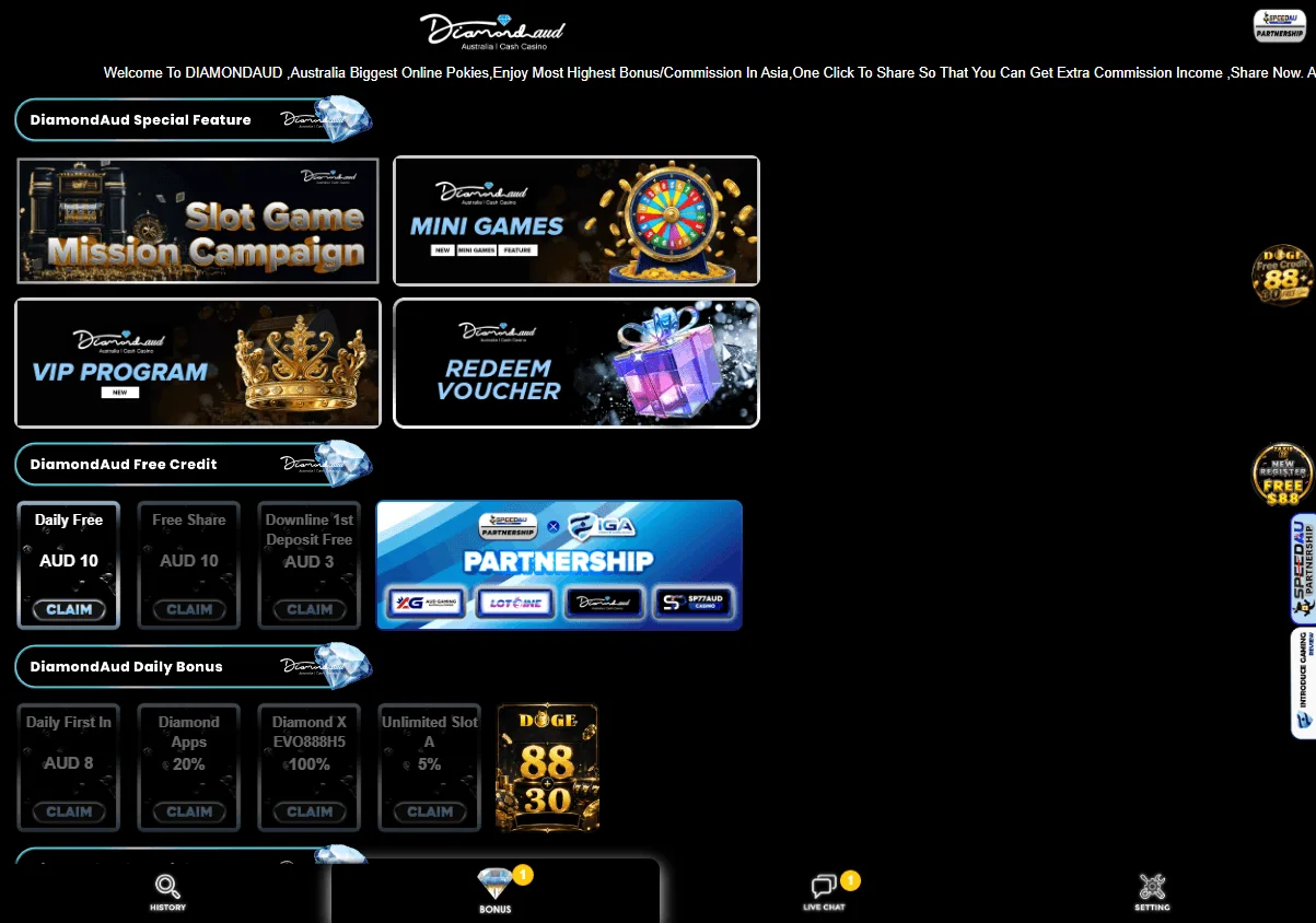 DiamondAUD Casino promotions screen on desktop
